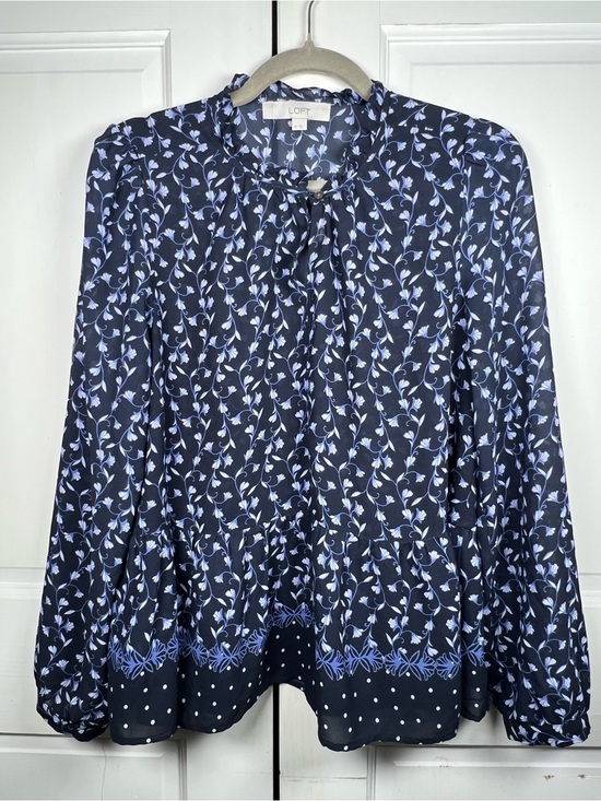 LOFT Tops - Loft Navy Blue Floral Peplum Hem Blouse Top Small Medium
